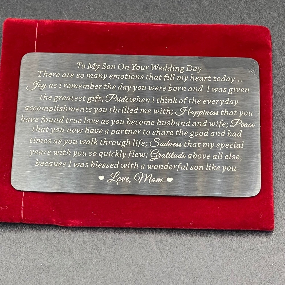 Son Wedding Day Wallet Card Insert Engraved Metal Gift from Mom